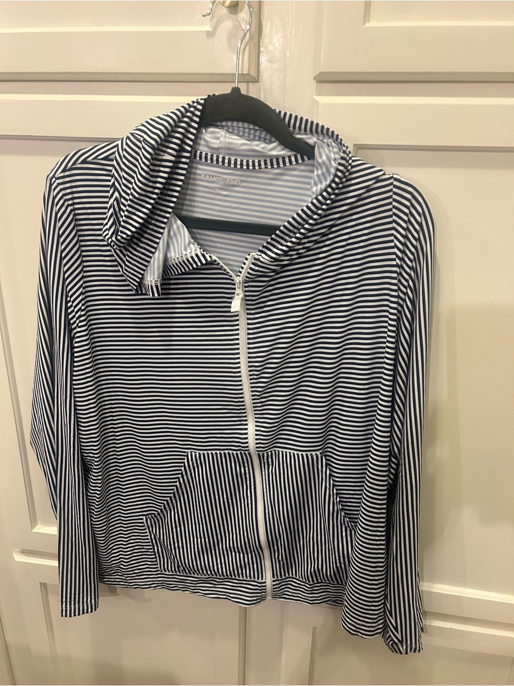 Lands' End Navy & White Striped Bomber Hoodie Jacket